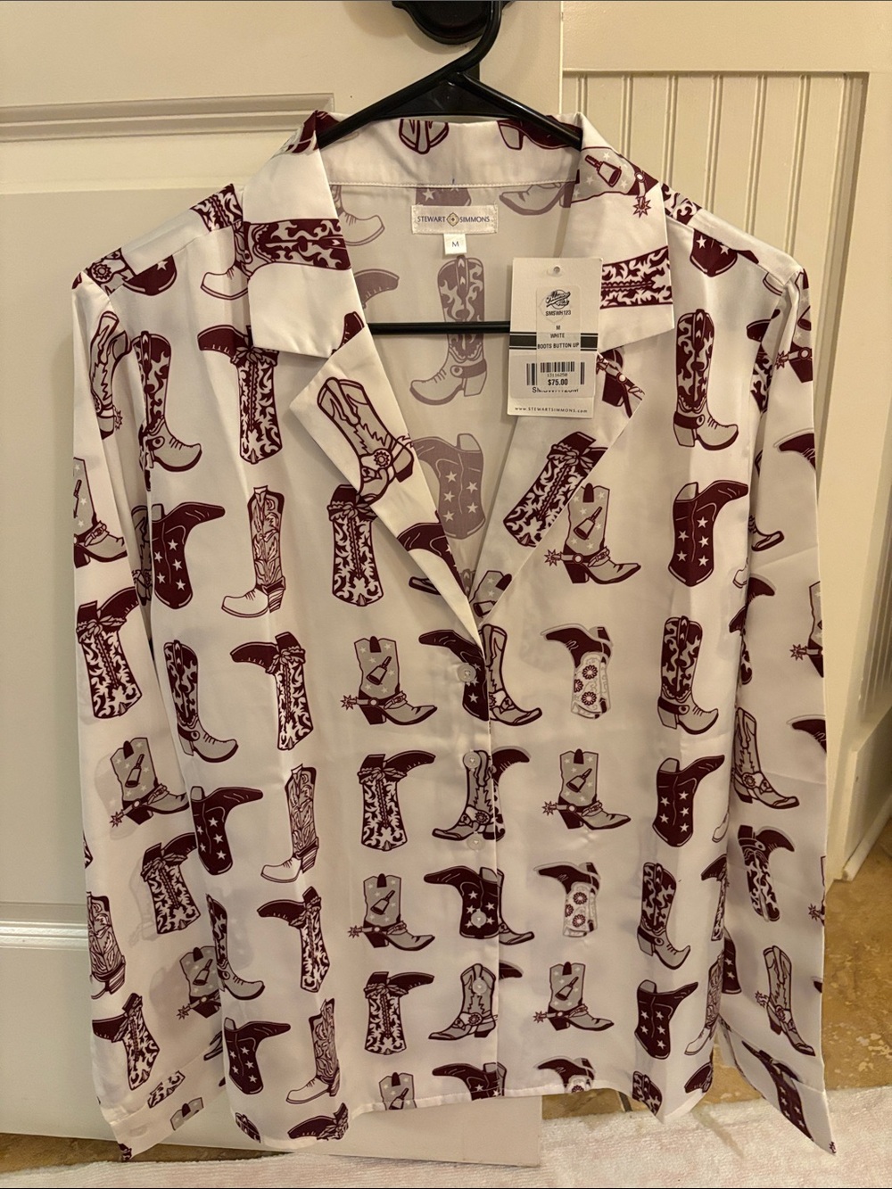 Women’s White Button-Down Shirt with Maroon Cowboy Boot Print